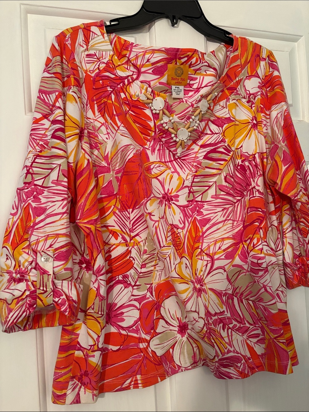 Ruby Rd. Pink, Orange & Cream Floral Scoop Neck Button-Tab Sleeve Top